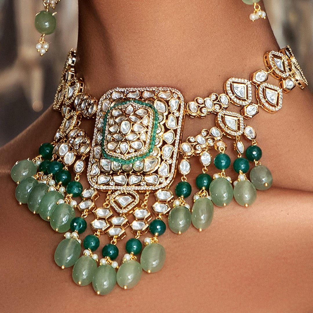 Polki Green Jade Tumbles Bridal Necklace Set