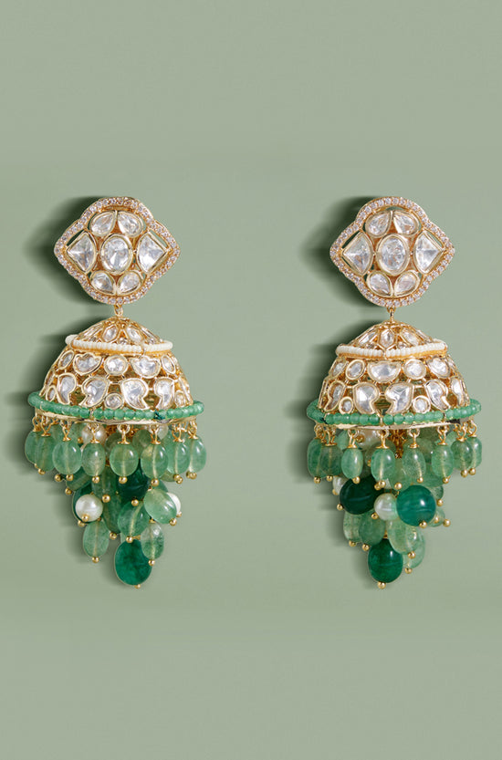 Polki And Green Beads Jhumka Earrings