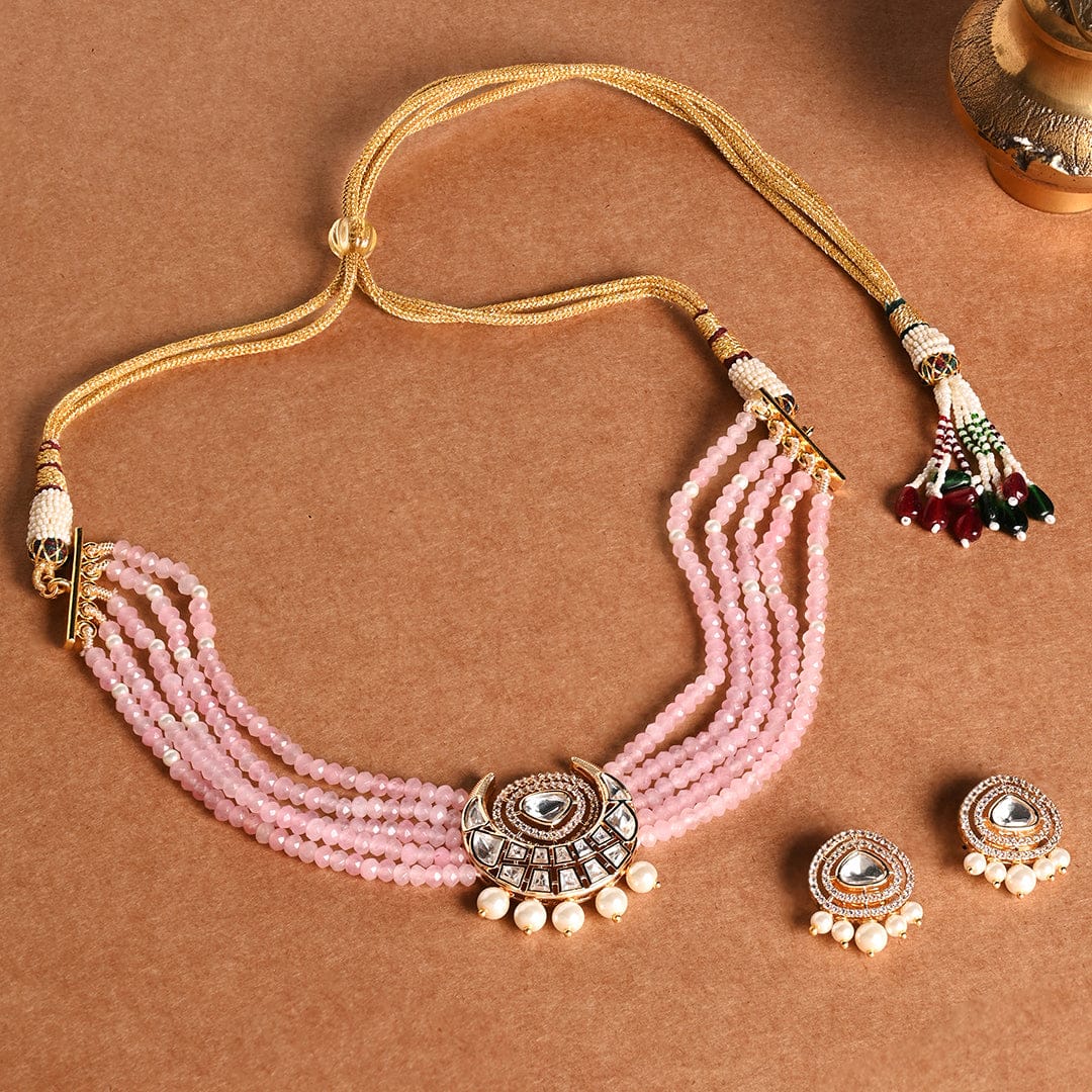 Scintillating Pink Beaded Choker With Earrings