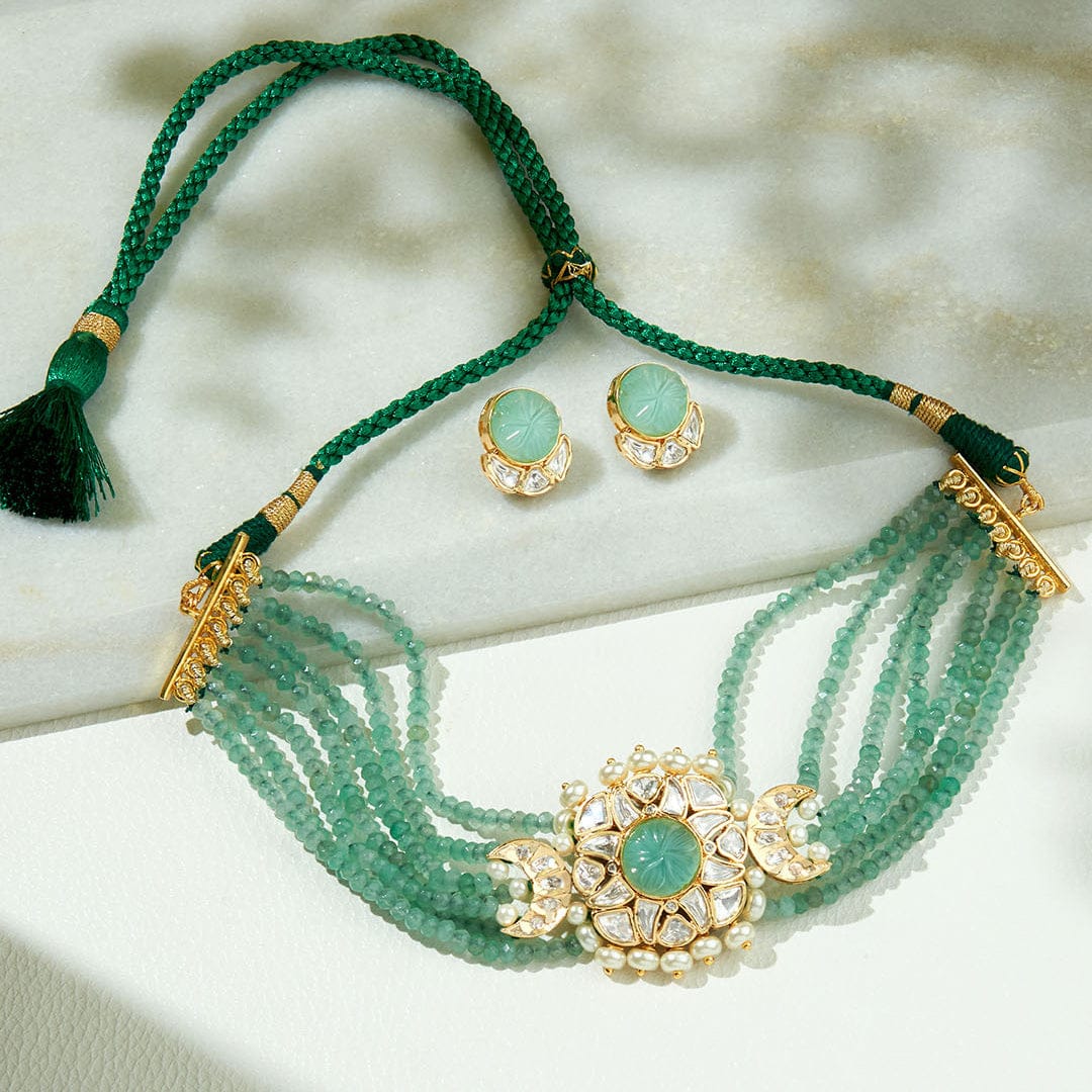 Green Golden Polki Necklace Set