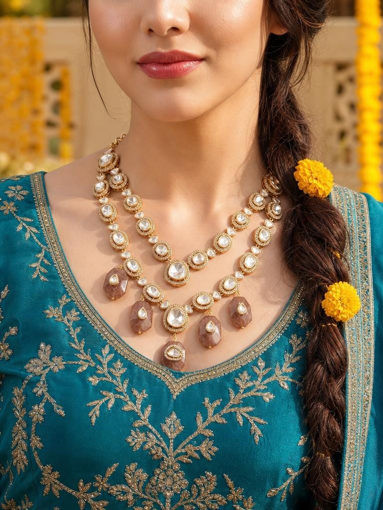 Polki Brown Drop Necklace Set