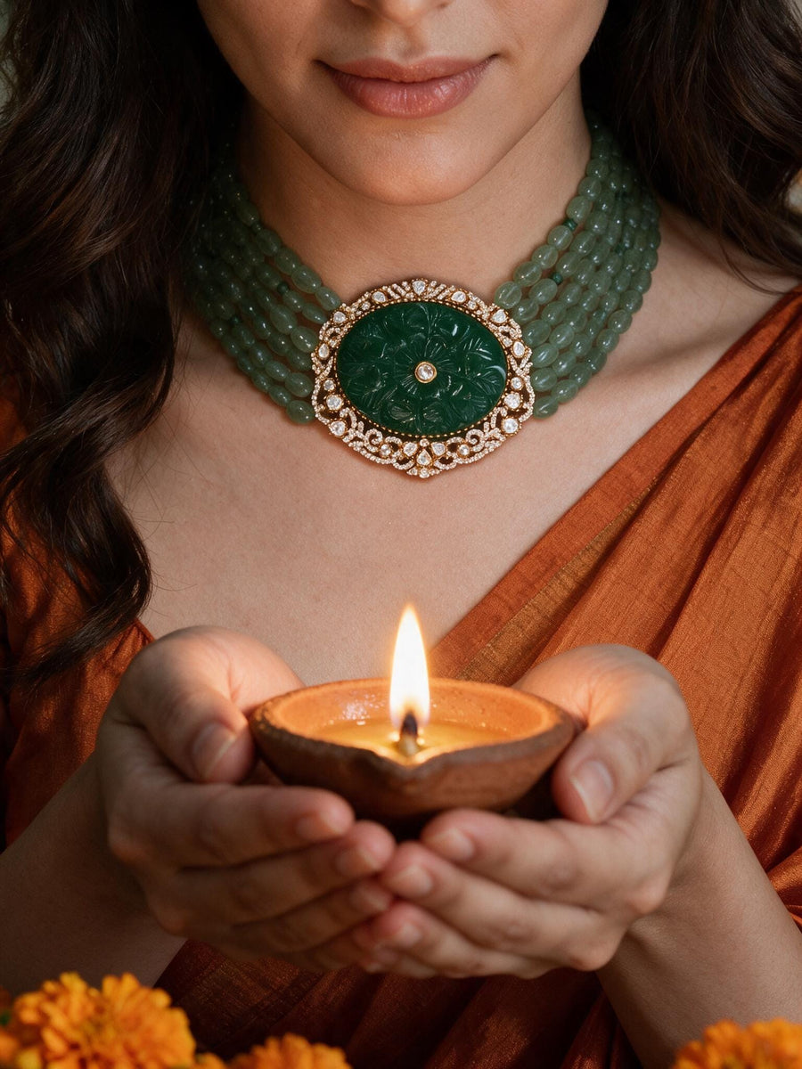 Jahnavi Emerald Polki Necklace Set