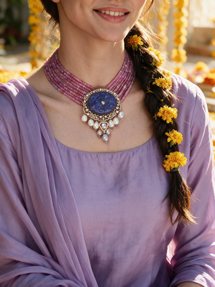 Lavender Bead & Lapis Lazuli Pendant Necklace Set