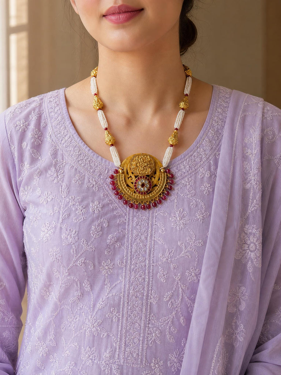 Gold Plated Medallion & Pearl Long Necklace Set