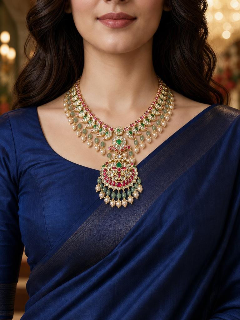 Peacock Feathers Long Necklace Set With Changeable Pendant