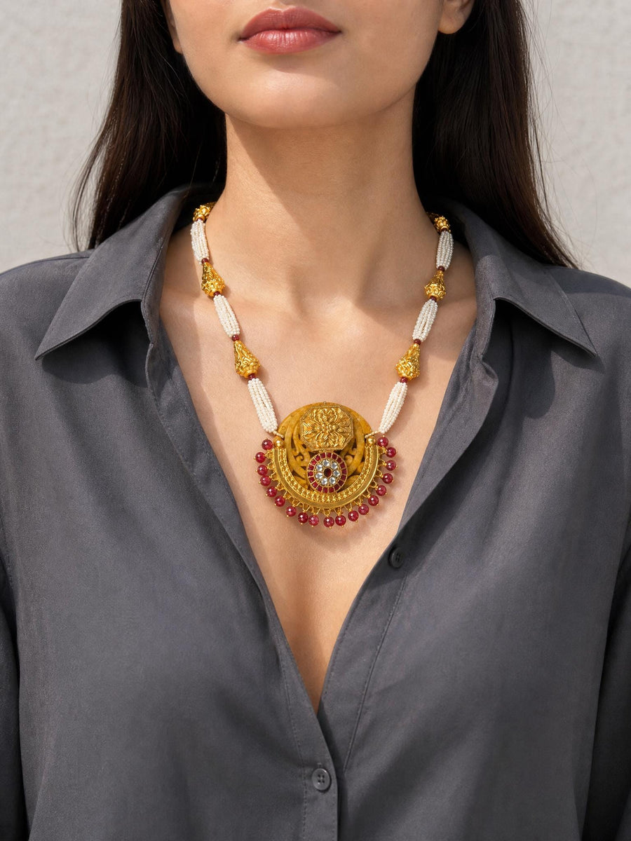 Gold Plated Medallion & Pearl Long Necklace Set