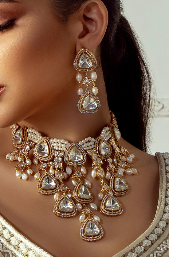 Load image into Gallery viewer, Polki &amp;amp; Pearl Drops Bridal Necklace Set
