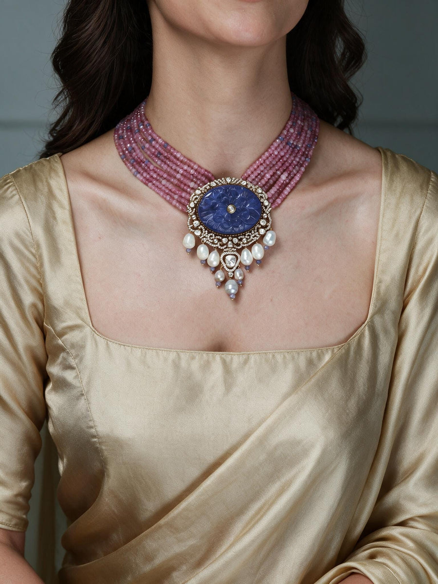 Lavender Bead & Lapis Lazuli Pendant Necklace Set