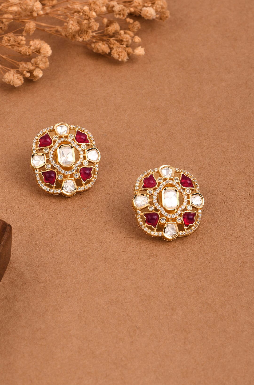 Crimson Dream Polki Stud Earrings - Joules by Radhika 