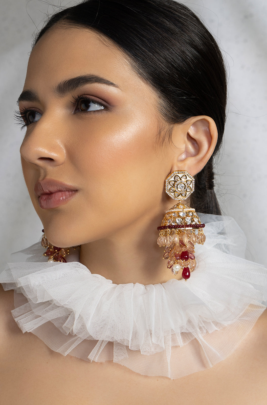 Load image into Gallery viewer, Polki And Jade Tumbles Jhumka Earrings
