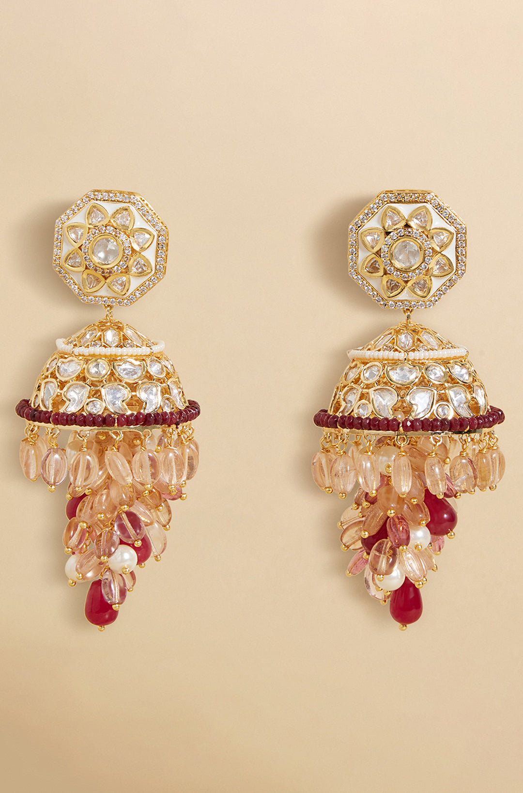 Load image into Gallery viewer, Polki And Jade Tumbles Jhumka Earrings
