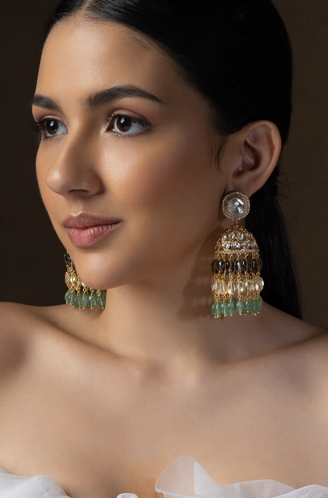 Load image into Gallery viewer, Polki Jhumka Earrings With Jade Tumbles
