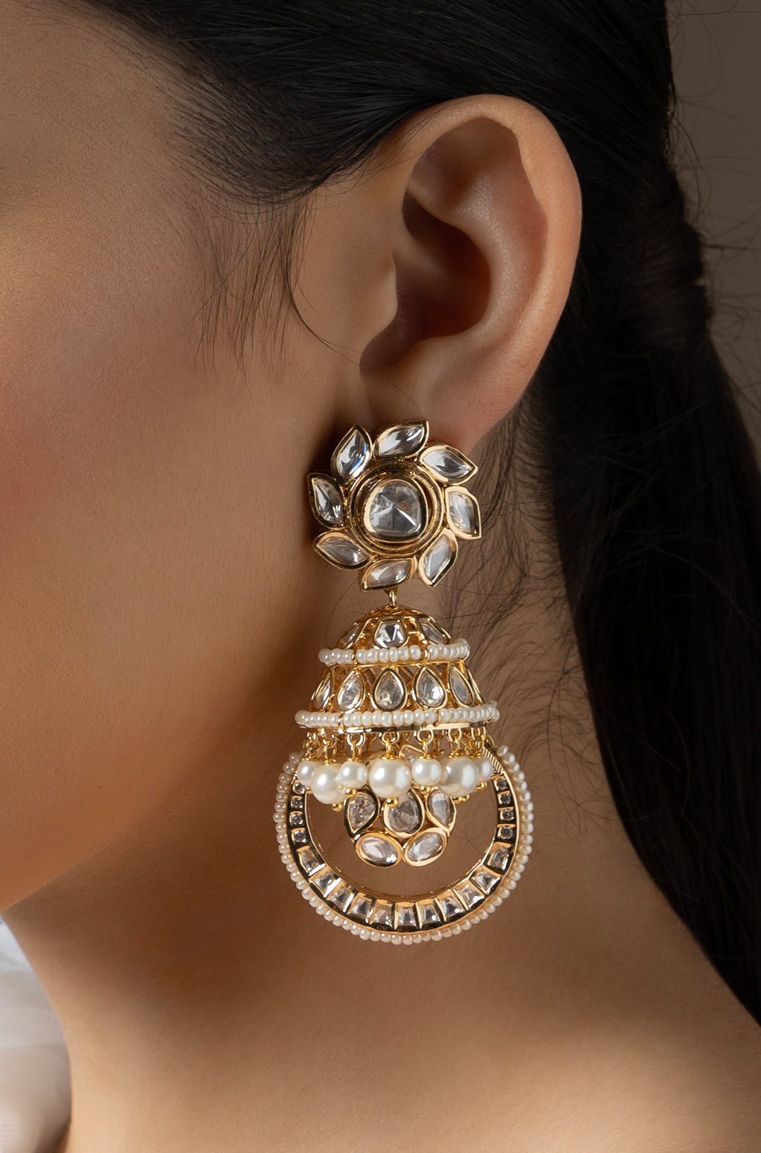 Load image into Gallery viewer, Polki And Pearl Jhumka Earrings
