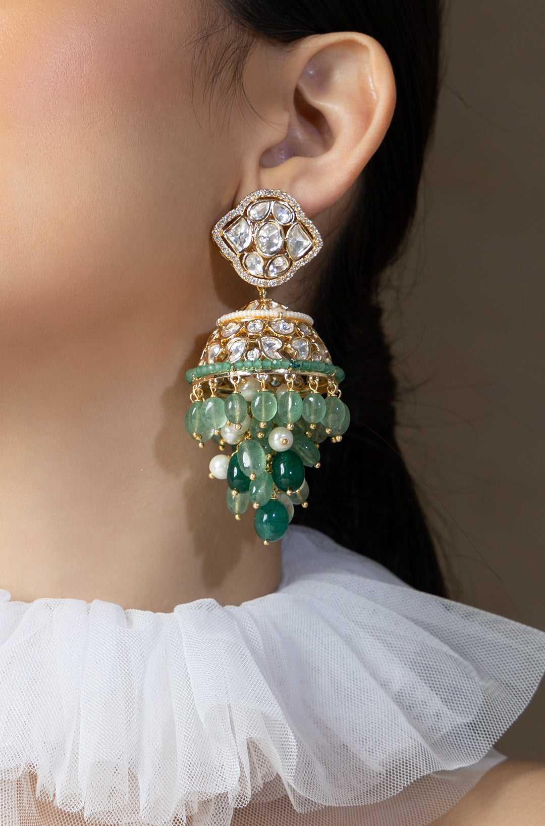 Polki And Green Beads Jhumka Earrings