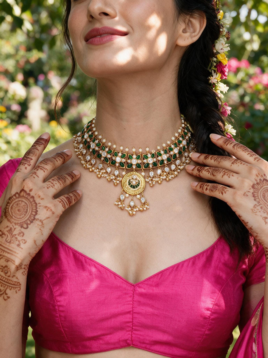 Green stone Kundan Necklace  Set with Pearl Drops