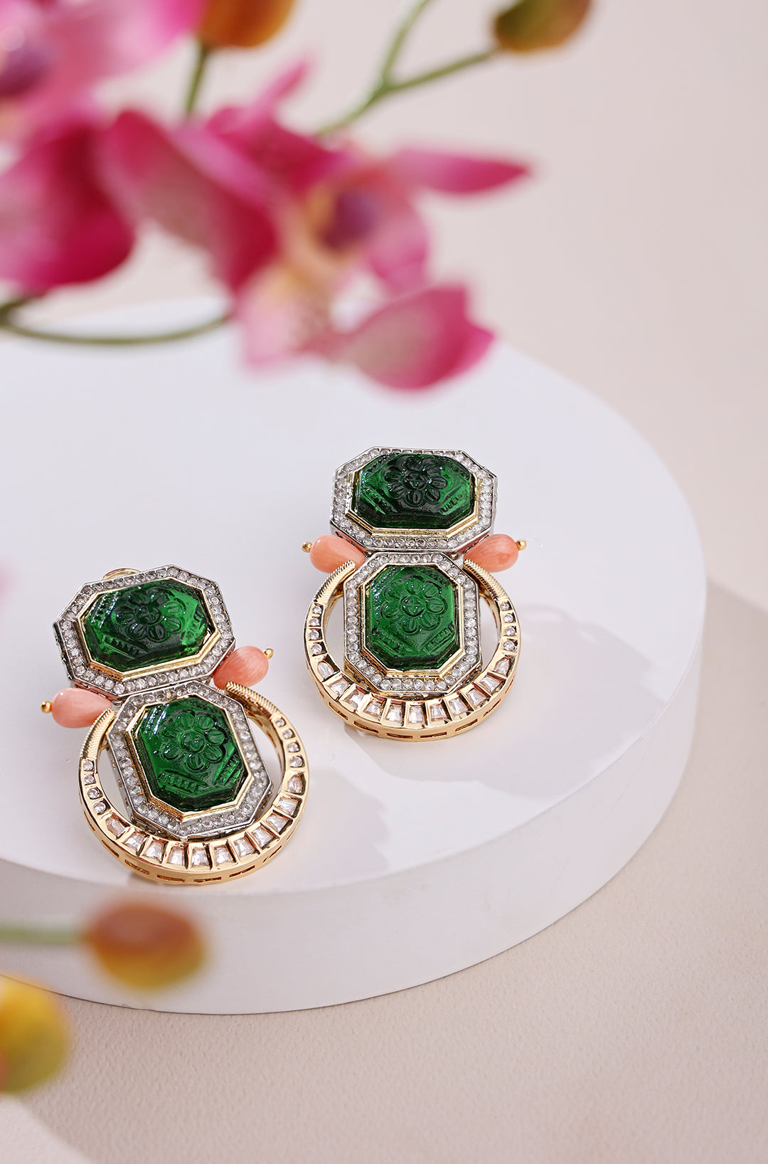 Green Antique Polki Dangler Earrings - Joules by Radhika