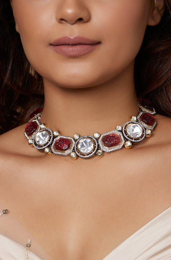 Antique Red Kundan Polki Necklace - Joules by Radhika