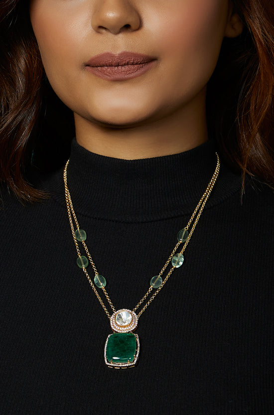 Load image into Gallery viewer, Classic Green Polki Long Necklace - Joules by Radhika
