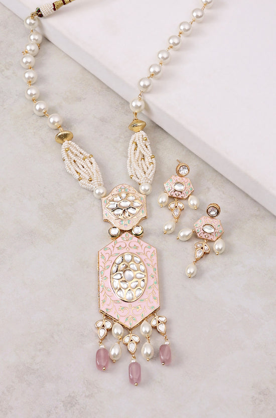 Pink Enamelled And White Pearl Necklace Set - Joules by Radhika