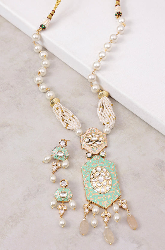 Green Enamelled And White Pearl Necklace Set - Joules by Radhika