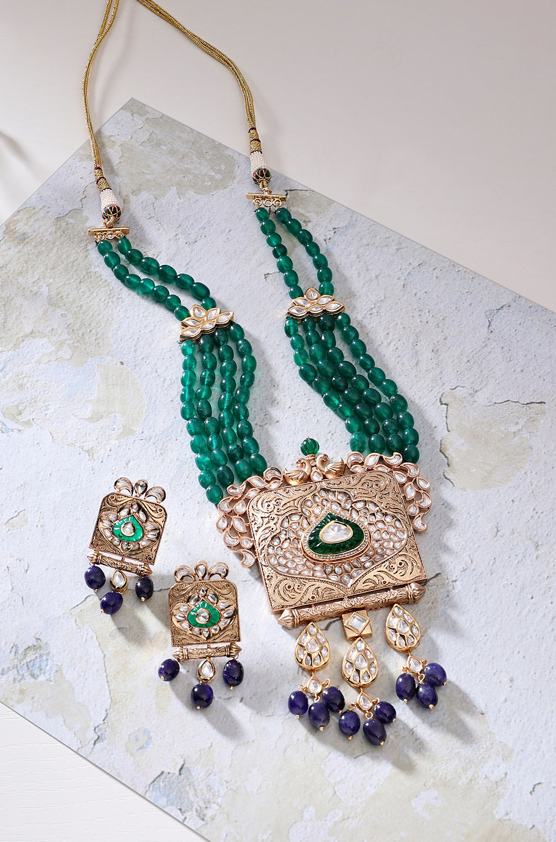 Kundan Polki Green Vintage Necklace Set - Joules by Radhika