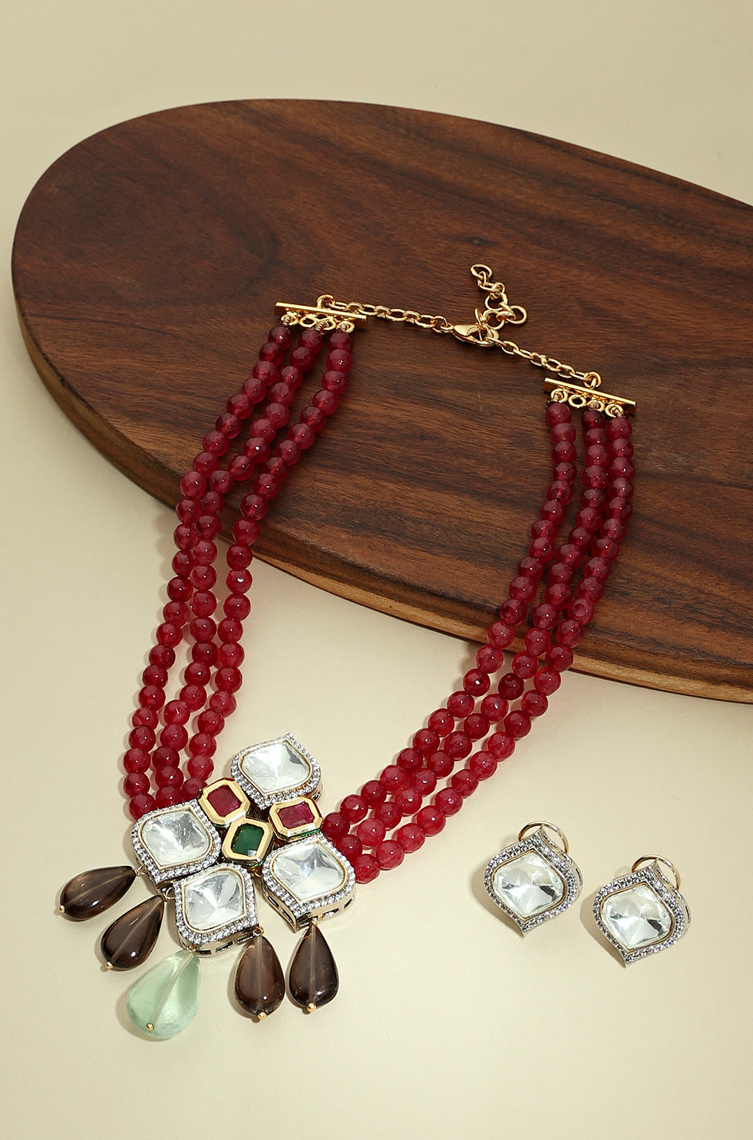 Beaded Red Polki Necklace Set - Joules by Radhika