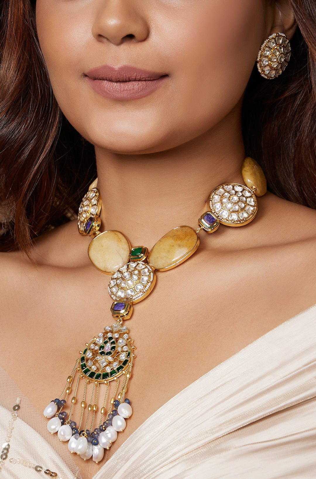 Load image into Gallery viewer, Kundan Polki Necklace Set With Yellow Agates - Joules by Radhika
