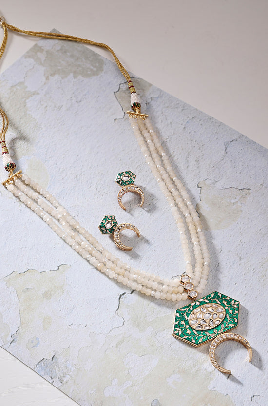 Beaded Necklace Set With Classic Green Enamalling - Joules by Radhika