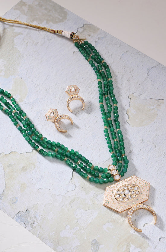 Green Necklace Set With Enamelled Kundan Polki - Joules by Radhika