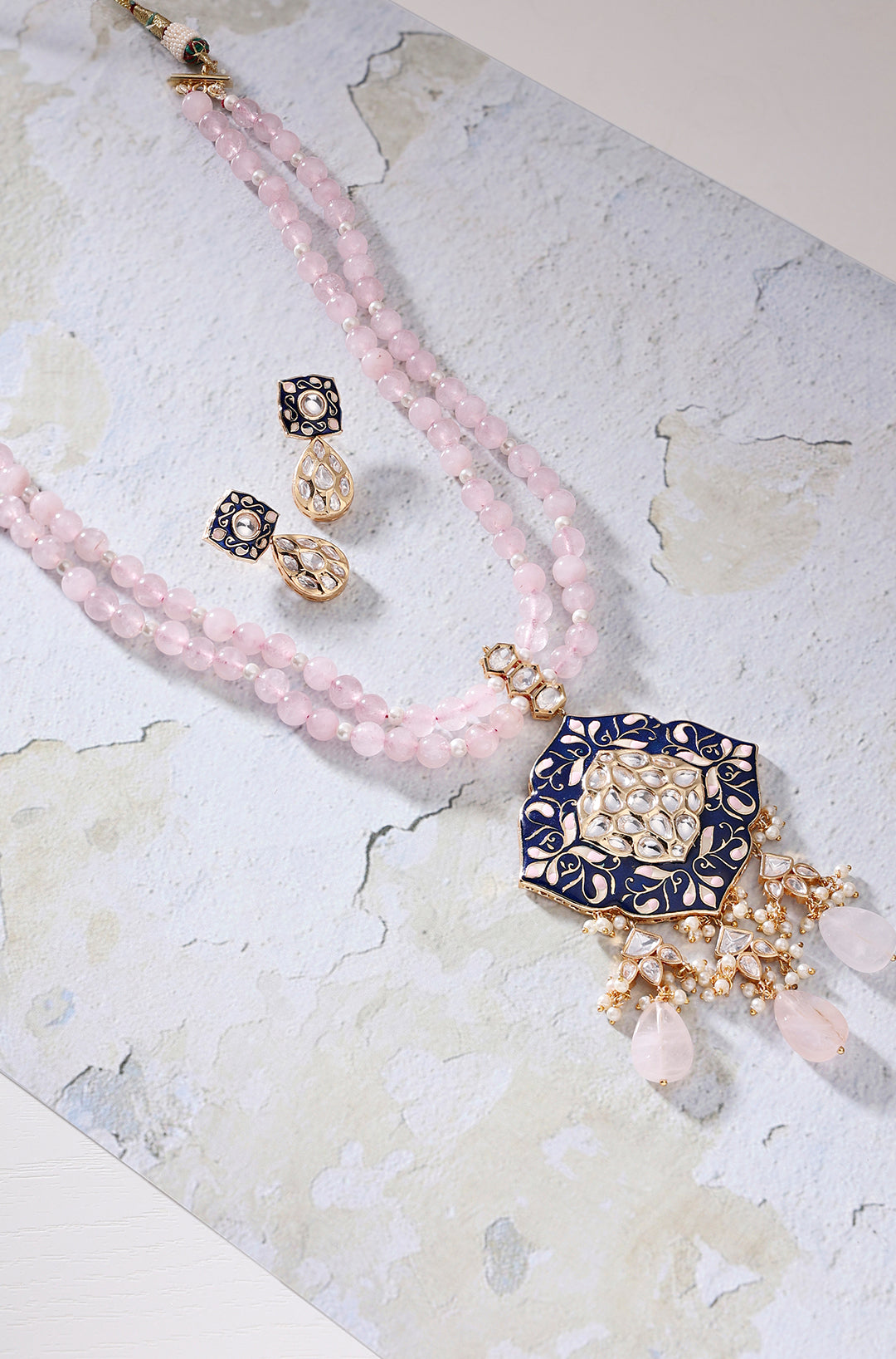 Load image into Gallery viewer, Pink Beaded Necklace Set With Royal Blue Enamalling - Joules by Radhika
