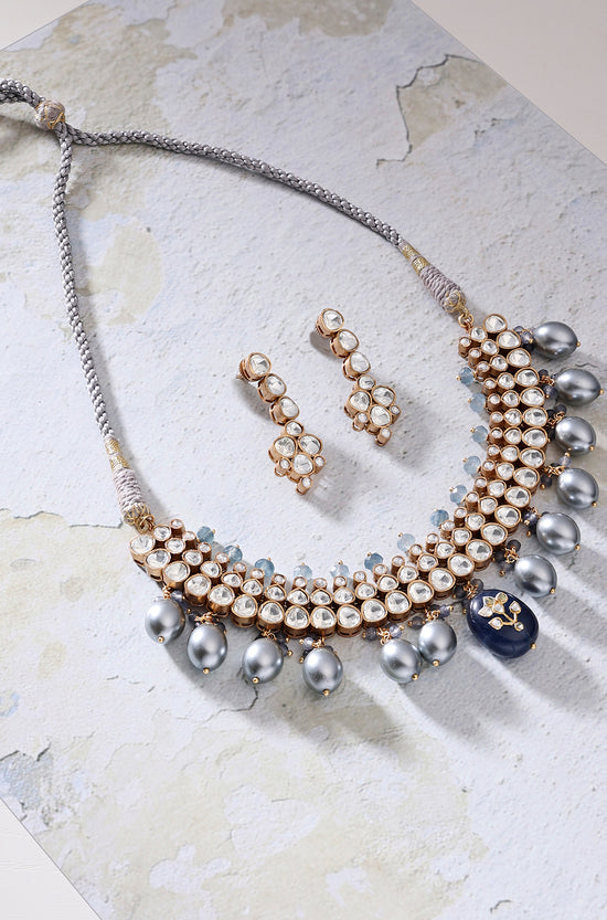 Grey And  Blue Antique Polki Necklace Set - Joules by Radhika
