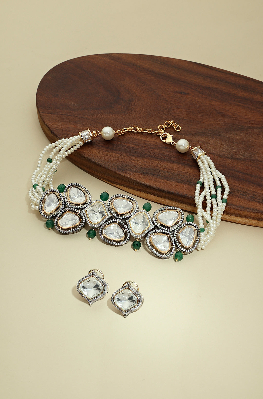 Green And White Antique Polki Necklace Set - Joules by Radhika