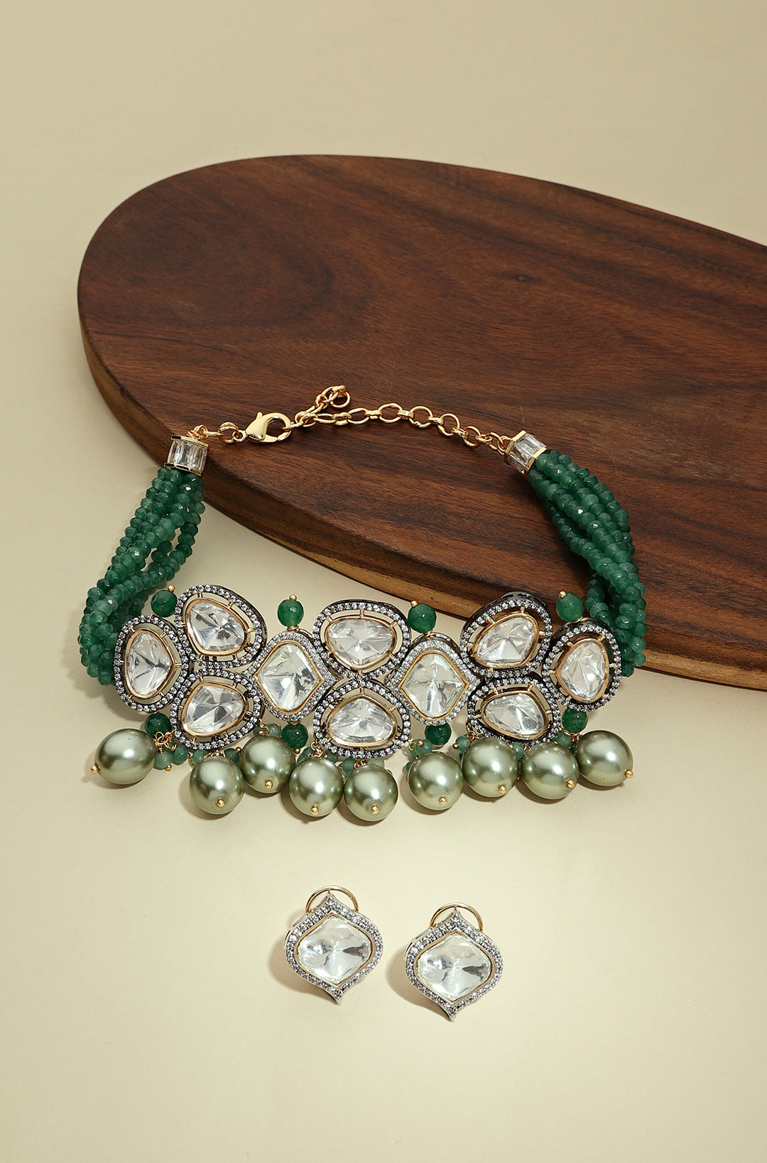 Green Antique Polki Necklace Set - Joules by Radhika