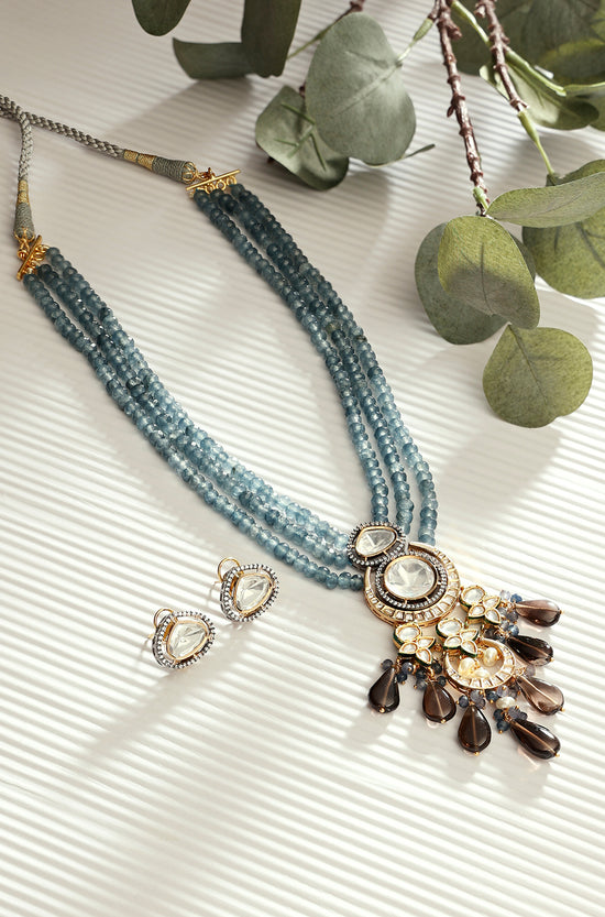 Blue And Smoky Antique Gold Necklace Set - Joules by Radhika