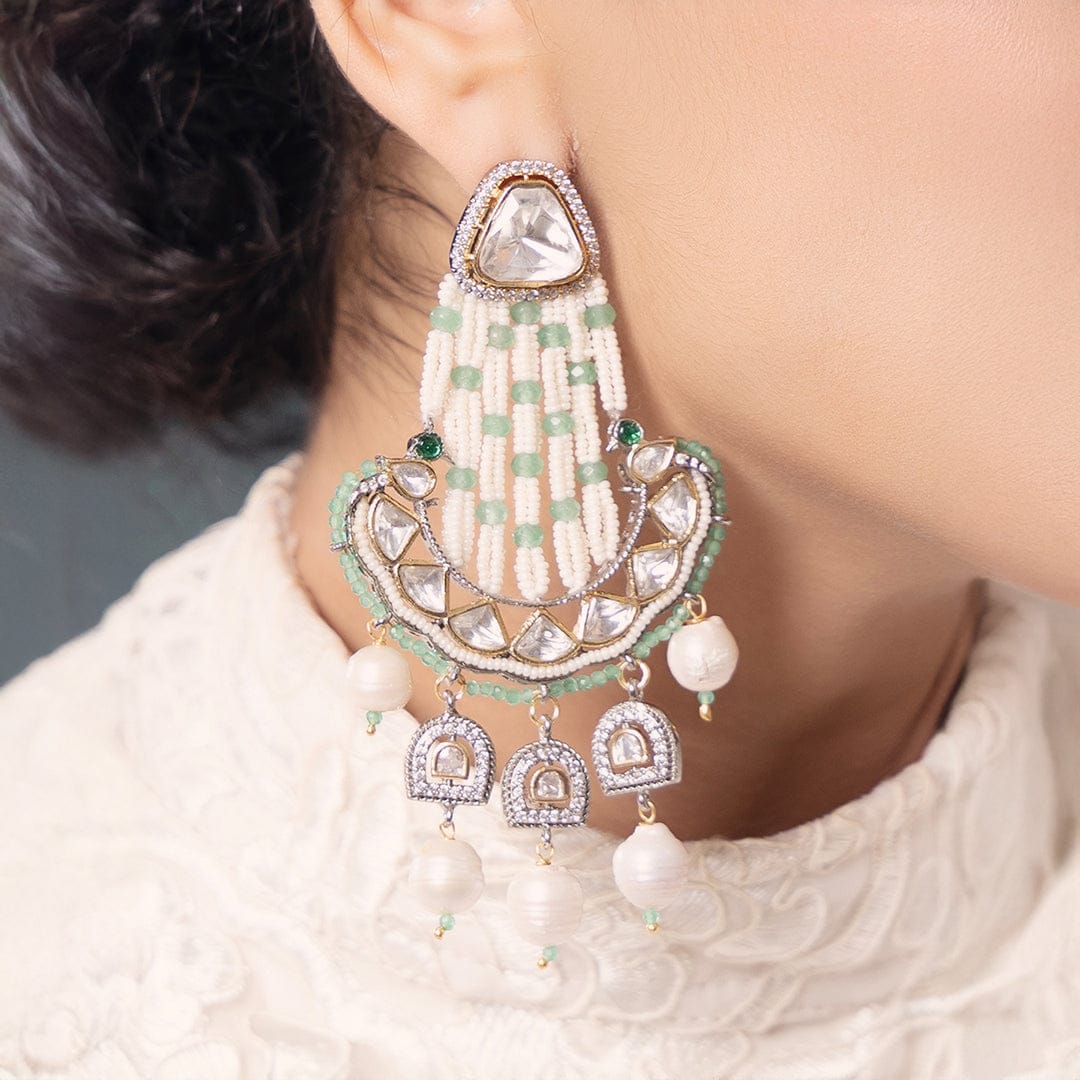 Polki-Pearl Elegant White Green Earrings - Joules by Radhika 