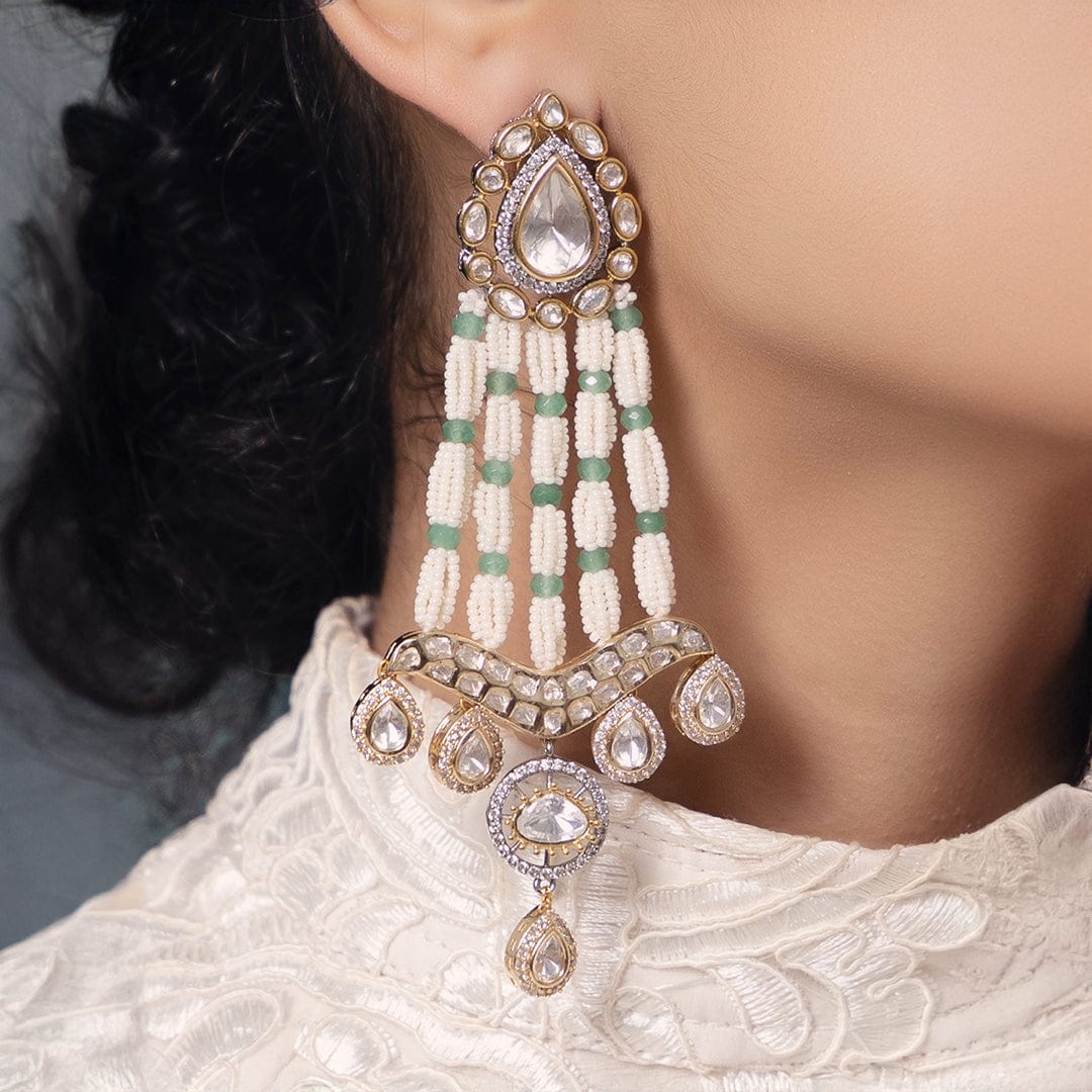 Polki-Pearl Green and White Earrings - Joules by Radhika 