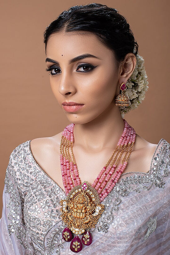 Load image into Gallery viewer, Pink Gold Plated Temple Necklace Set In Beads With Earrings
