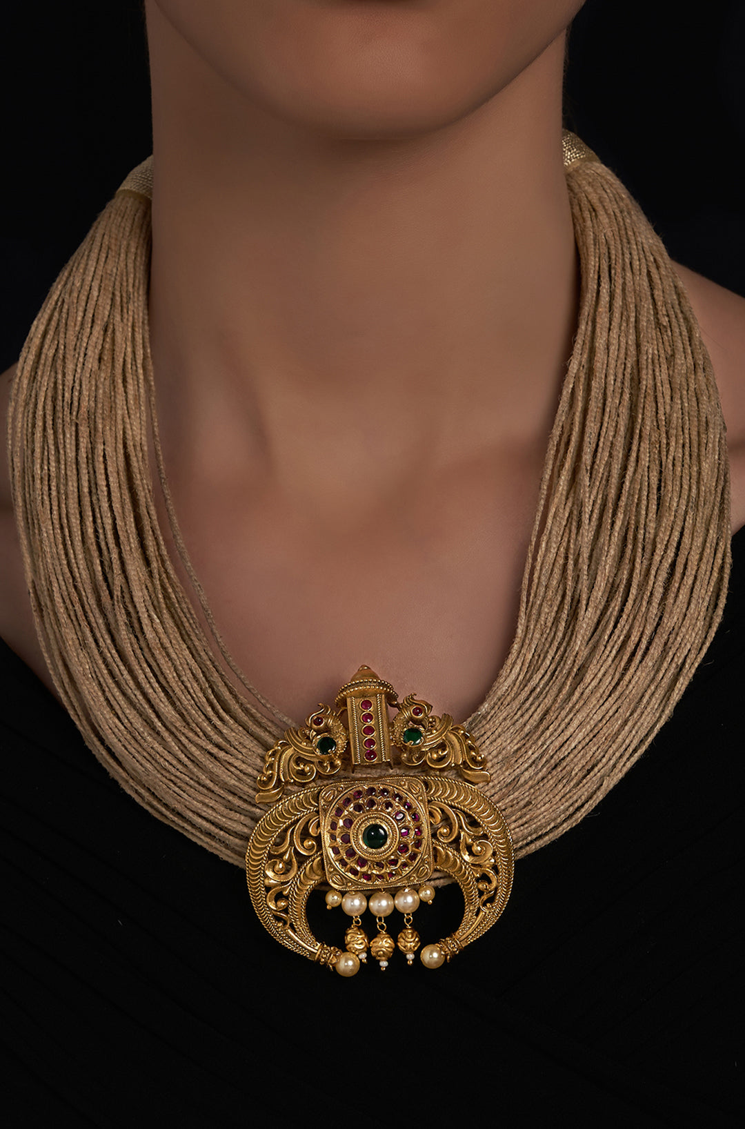 Jute Thread Necklace With Gold Plated Pendant