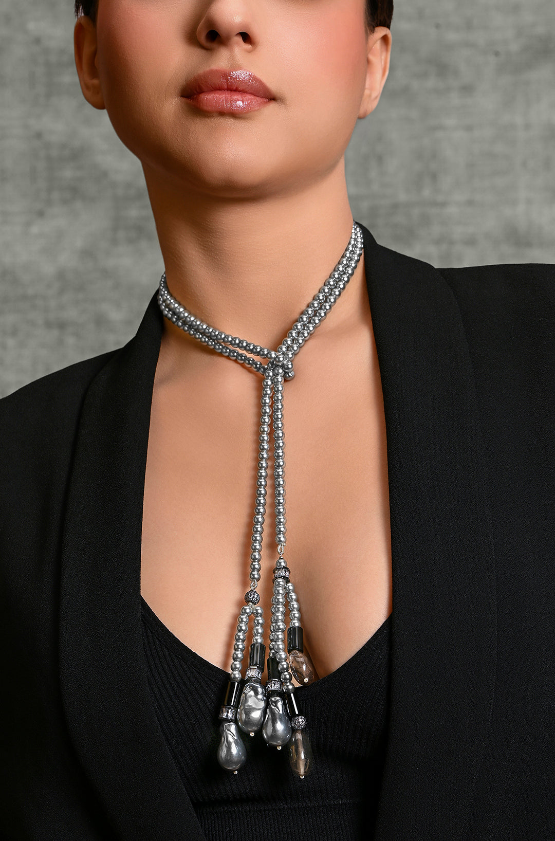 Beauteous Beaded Scarf Necklace In Grey