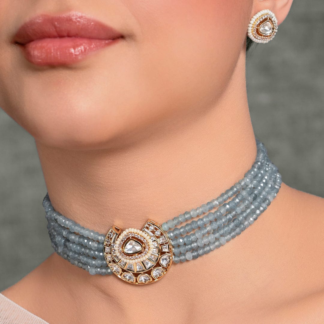 Posh Blue Choker With Earrings - Joules by Radhika 