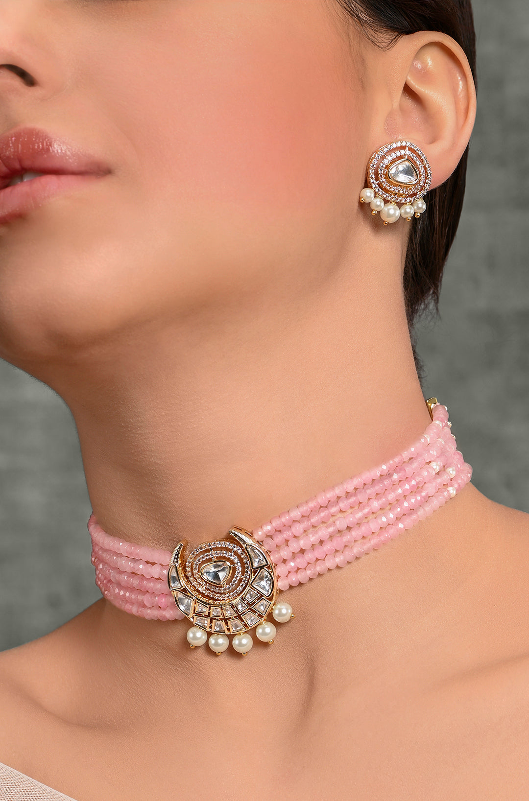 Scintillating Pink Beaded Choker With Earrings