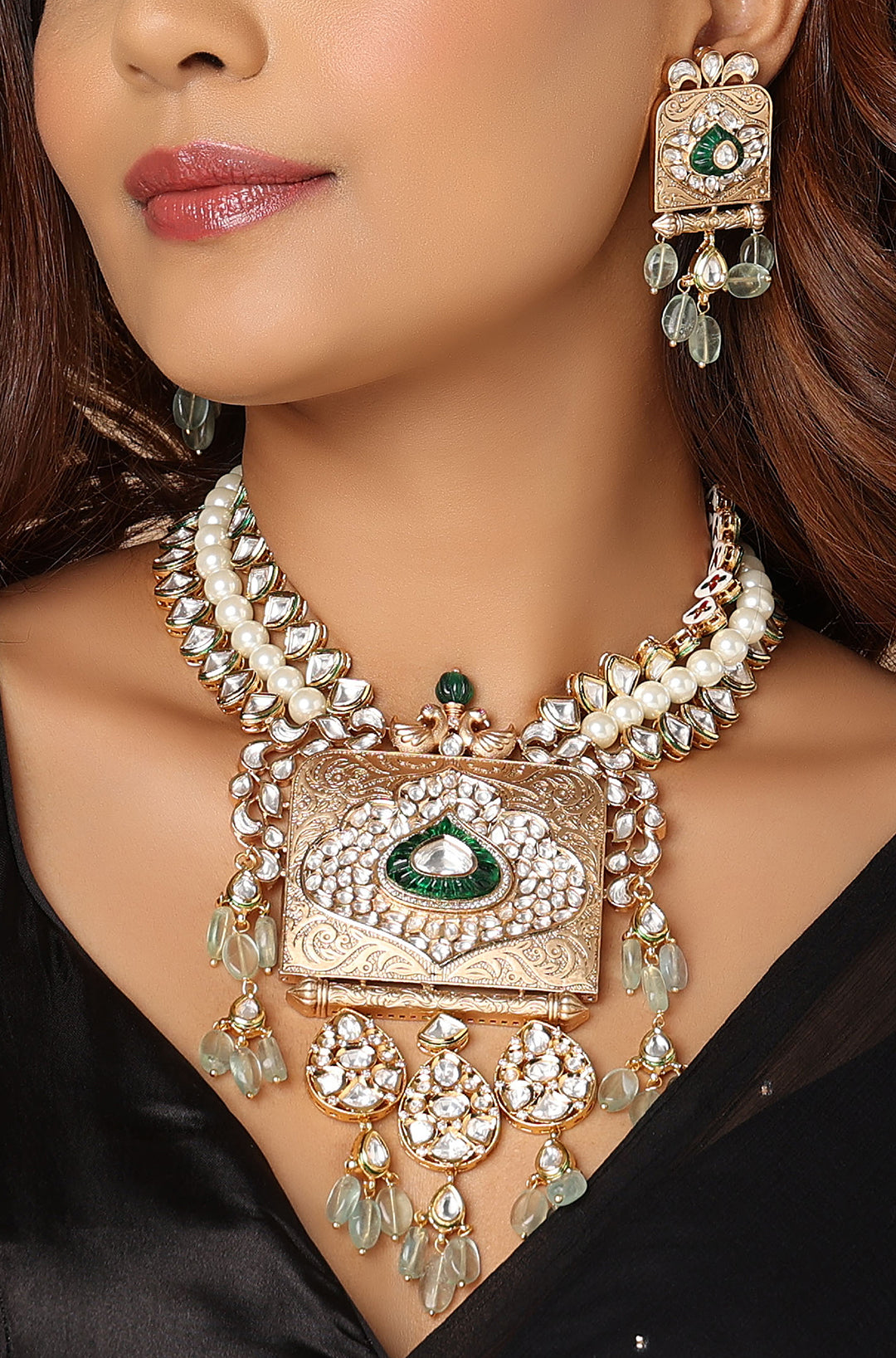Kundan Polki Necklace Set in Antique Gold - Joules by Radhika