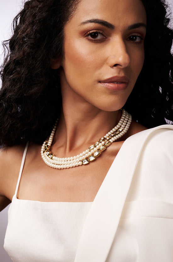 Load image into Gallery viewer, Multi Layered Pearl Polki Necklace
