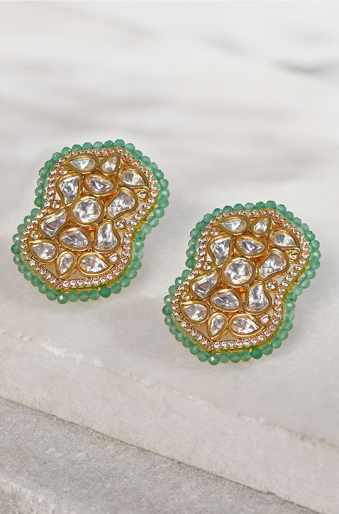 Kundan Polki Green Beaded Stud Earrings - Joules by Radhika 