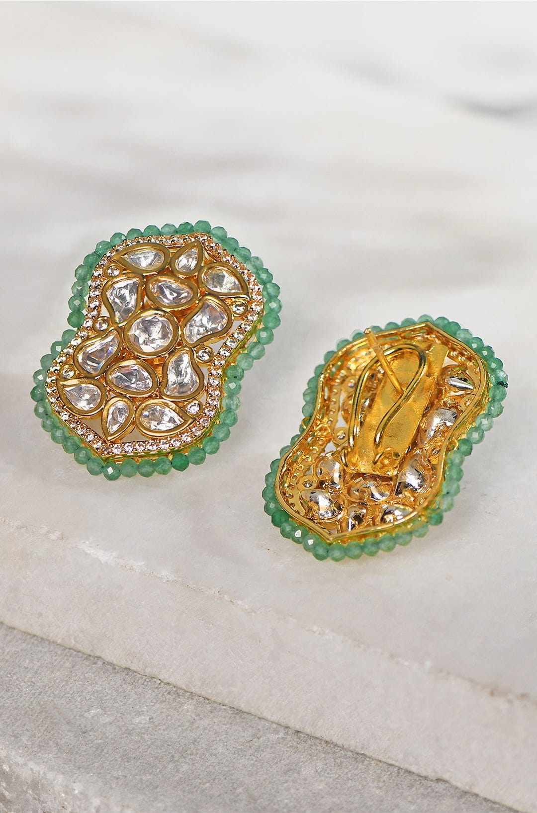 Kundan Polki Green Beaded Stud Earrings - Joules by Radhika 