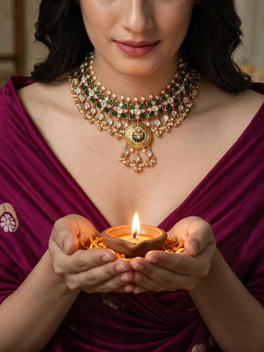 Green stone Kundan Necklace  Set with Pearl Drops
