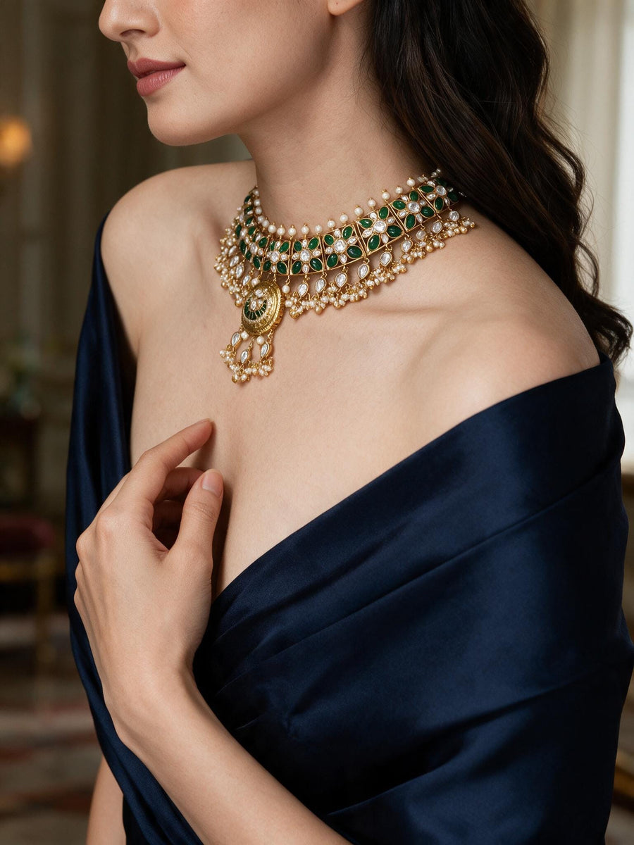 Green stone Kundan Necklace  Set with Pearl Drops