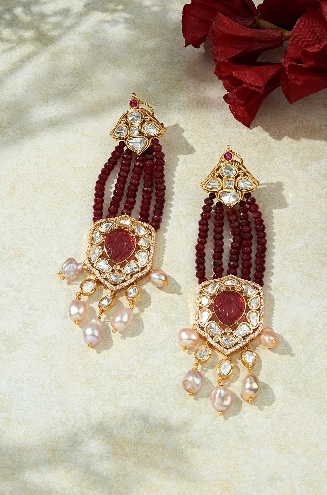 Load image into Gallery viewer, Deep Red &amp;amp; Golden Chandelier Earring
