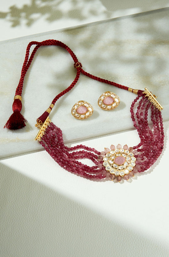 Load image into Gallery viewer, Red &amp;amp; Golden Polki Necklace Set
