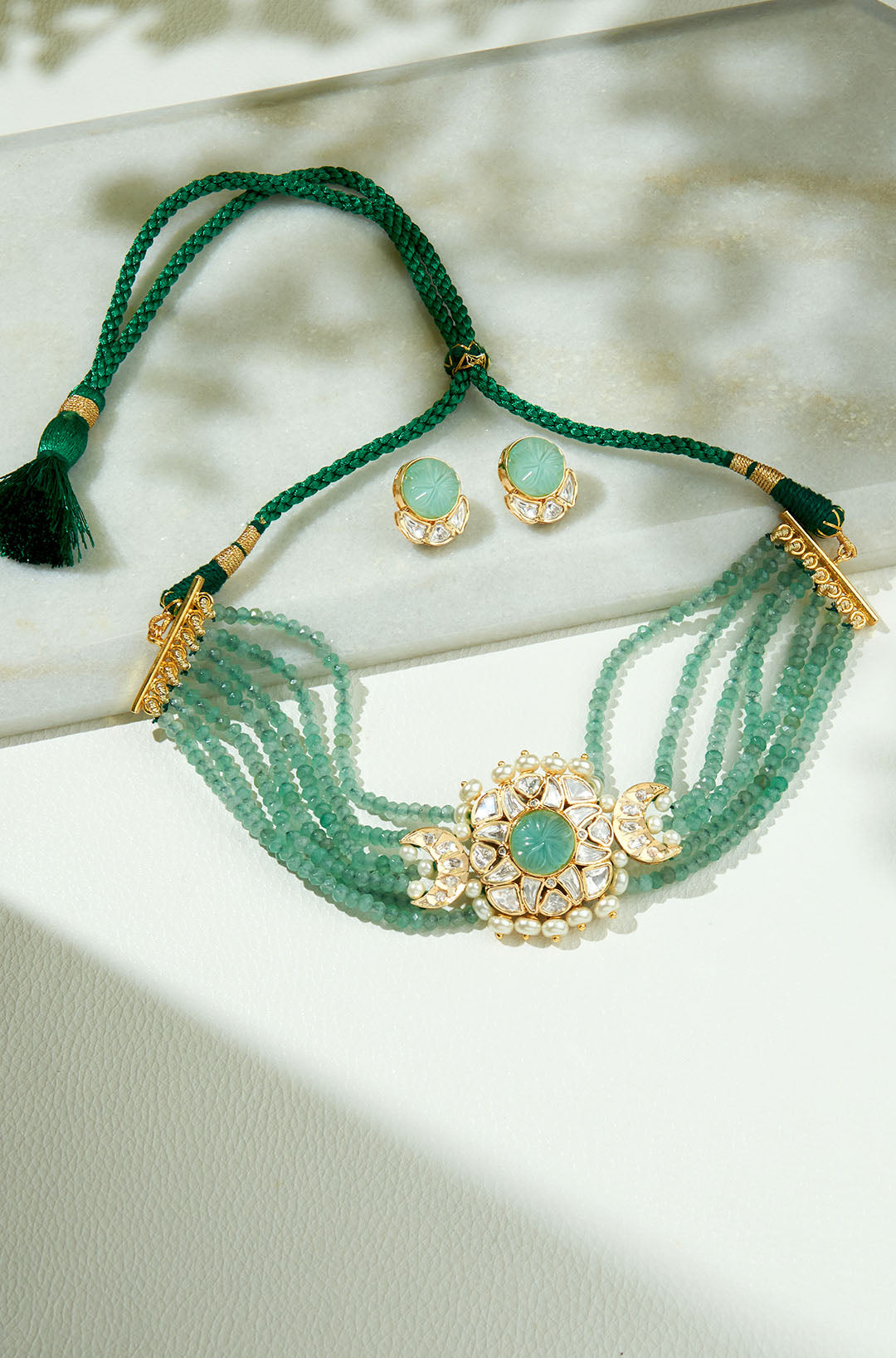 Load image into Gallery viewer, Green &amp;amp; Golden Polki Necklace Set
